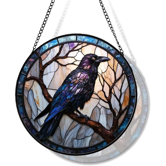 Stained Glass Style Mystical Raven Suncatcher - Black Crow on Branch Window Hanging - Gothic Home Decor for Halloween & Spooky Season - Gift for Bird Lovers
