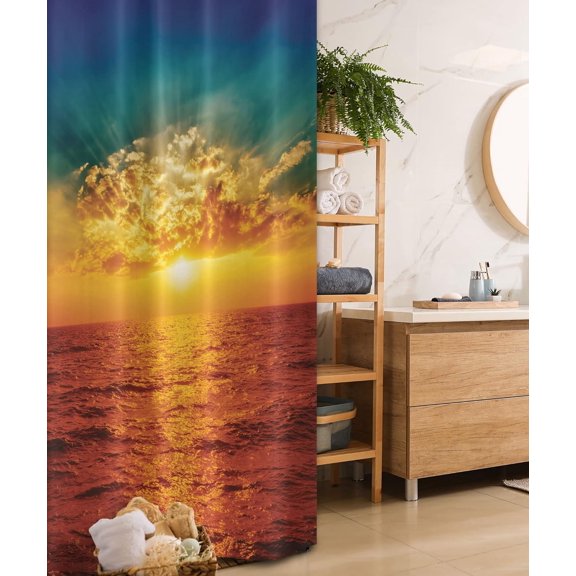 Ocean Stall Shower Curtain, Sunset Clouds Exotic Seaside with Sun Rays Evening View Picture Print Art, Fabric Bathroom Decor Set with Hooks, 36" W x 72" L, Burnt Orange Teal Sky Blue