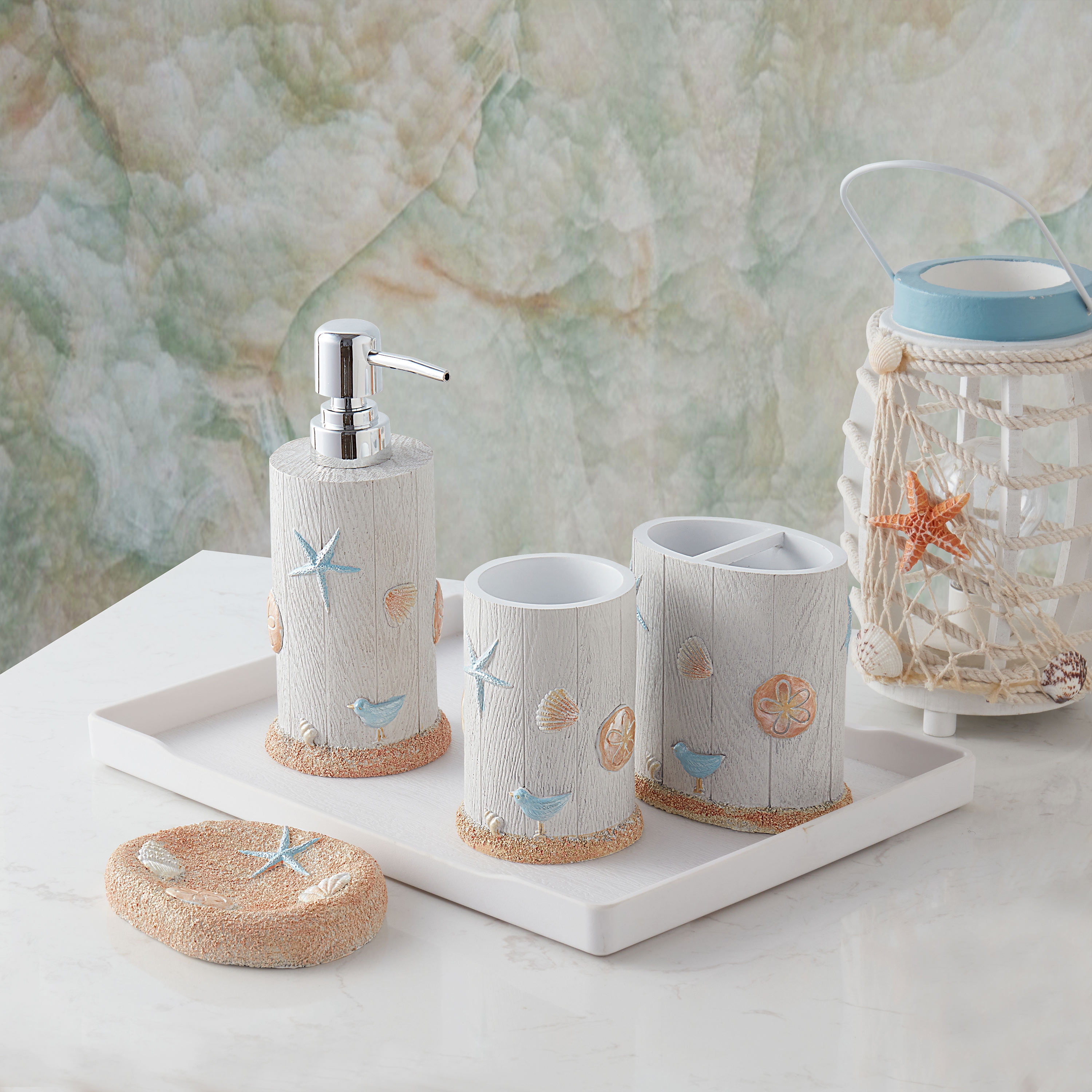 White Embossed Resin Nautical Bathroom Accessory Set, 4 Pieces