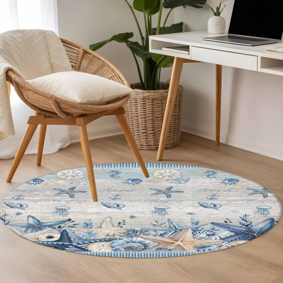 Ocean Starfish 3.3ft Round Rug for Bedroom Reading Corner, Coastal Vintage Blue Sea Shell Seahorse Jellyfish Stripe Washable Non Slip Circle Area Rug