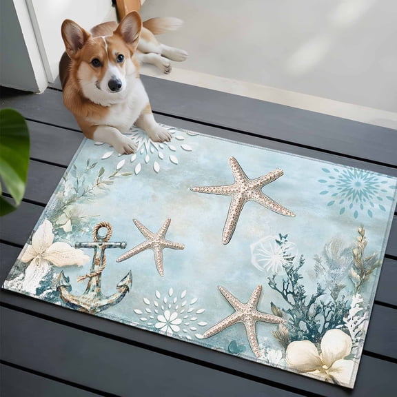 Ocean Starfish Anchor 2x3 Area Rugs for Living Room, Retro Coral Flower Blue Theme Non Slip Floor Mat Washable Low-Profile Indoor Carpet for Bedroom, Dining Room, Bathroom