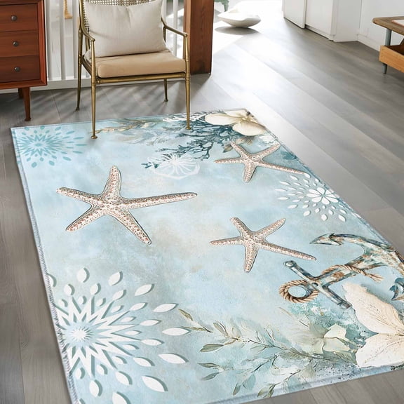 Ocean Starfish Anchor 3x5 Rug for Bedroom Foot of Bed Small Living Room, Retro Coral Flower Blue Theme Washable Non Slip Rectangle Area Rug