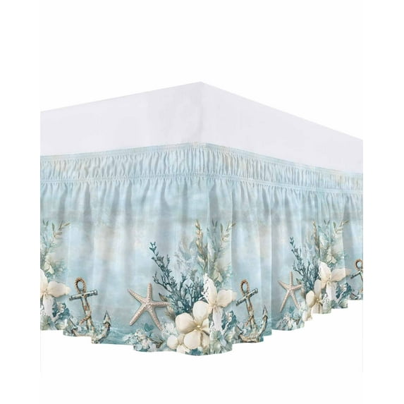 Ocean Starfish Anchor Bed Skirt California King Size 18" Drop Coral Flower Blue Theme Retro Ruffled Wrap Around Bed Skirts Adjustable Elastic Bedskirt Dust Ruffle for California King Size Bed