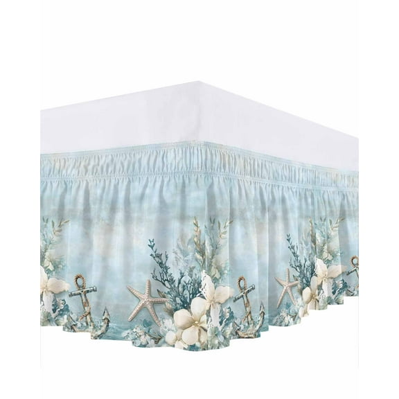 Ocean Starfish Anchor Bed Skirt Queen Size 16" Drop Coral Flower Blue Theme Retro Ruffled Wrap Around Bed Skirts Adjustable Elastic Bedskirt Dust Ruffle for Queen Size Bed