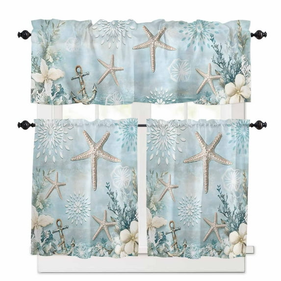 Ocean Starfish Anchor Kitchen Curtains and Valances Set, Retro Coral Flower Blue Theme Rod Pocket Window Valance 18 Inch Window Curtain Panels for Living Room Bedroom Laundry, 27.5x24in, 3 Pieces