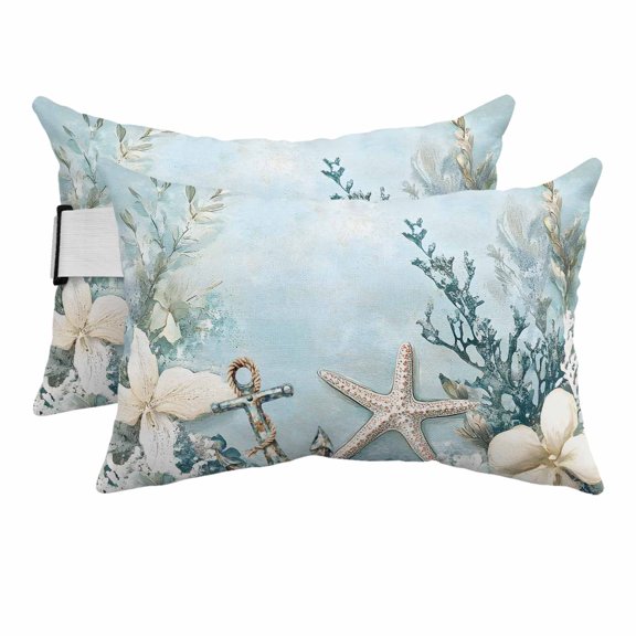 Ocean Starfish Anchor Outdoor Chaise Lounge Pillows Coral Flower Blue Theme Retro Lumbar Pillows with Insert Adjustable Elastic Strap Headrest Pillow for Recliner Patio Chair 2 Pack 12x20 Inch