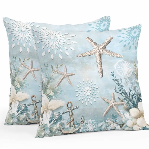 Ocean Starfish Anchor Outdoor Pillow Covers Pack of 2 Retro Coral Flower Blue Theme Waterproof Throw Pillow Covers Decorative Cushion Cases for Patio Garden Tent Balcony Couch 20x20 inch