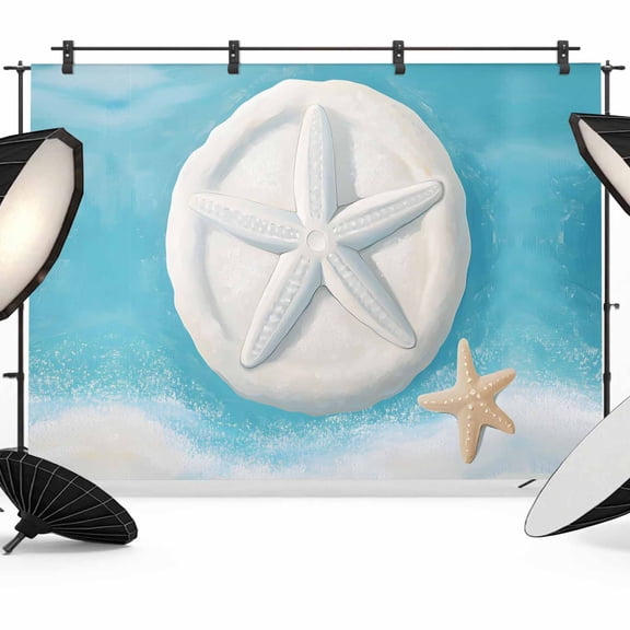 Ocean Starfish Backdrop for Photography, Summer White Orange Sea Star Sand Dollar Beach Photo Backdrop Portrait Background Party Banner Photo Backgrounds for Studio Booth Props, 12x8ft