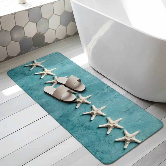 Ocean Starfish Bathroom Runner Rugs Non Slip Washable Absorbent Narrow Long Bath Mat White Marine Life Minimalist Blue Runner Rugs for Kitchen Hallway Bedroom Laundry Study Room 15.7"x47.2"