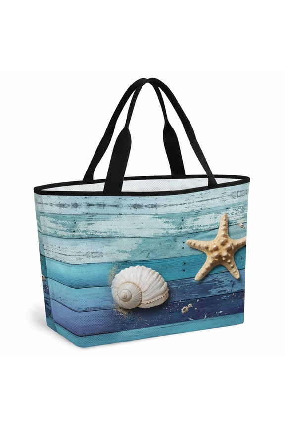 Ocean Starfish Beach Bag for Women, Large Breathable Mesh Beach Tote Bag, Nautical Coastal Conch Wooden Board Ombre Blue Sandproof Lightweight Travel Bags for Vacation Picnic Swimming Pool
