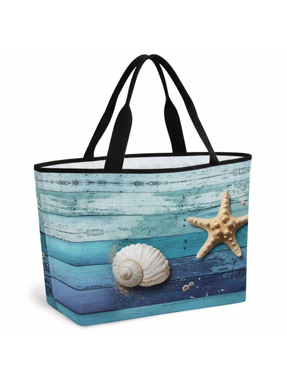 Ocean Starfish Beach Bag for Women, Large Breathable Mesh Beach Tote Bag, Nautical Coastal Conch Wooden Board Ombre Blue Sandproof Lightweight Travel Bags for Vacation Picnic Swimming Pool
