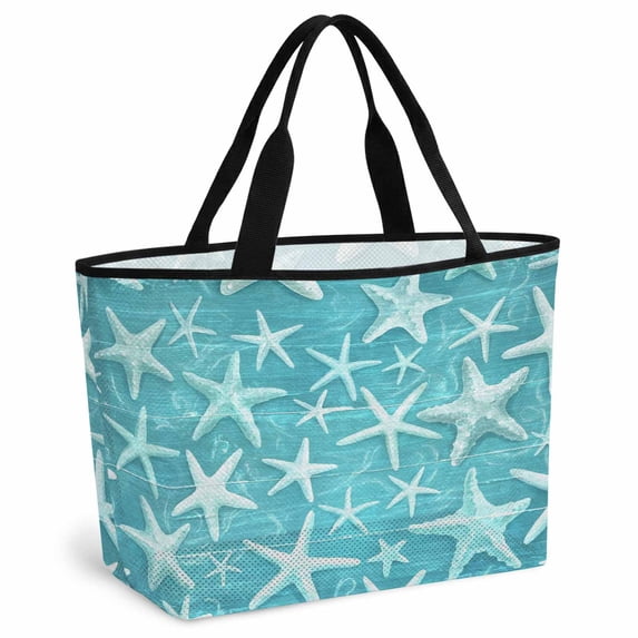 Ocean Starfish Beach Bag for Women, Large Breathable Mesh Beach Tote Bag, Watercolor Coastal Sea Starfish Summer Green Sandproof Lightweight Travel Bags for Vacation Picnic Swimming Pool