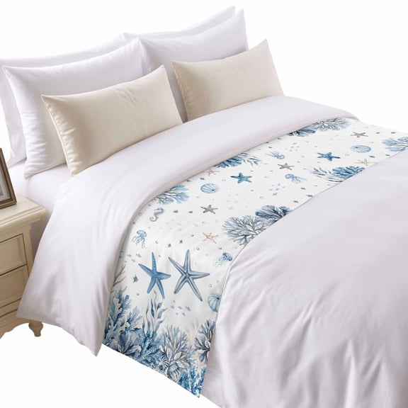 Ocean Starfish Bed Runner for Twin Size Bed, Nautical Coastal Sea Jellyfish Seahorse Coral Seaweed Seashell Soft Bedding Scarf Bedding Protector Slipcover Sofa Throw for Bedroom Hotel Guesthouse