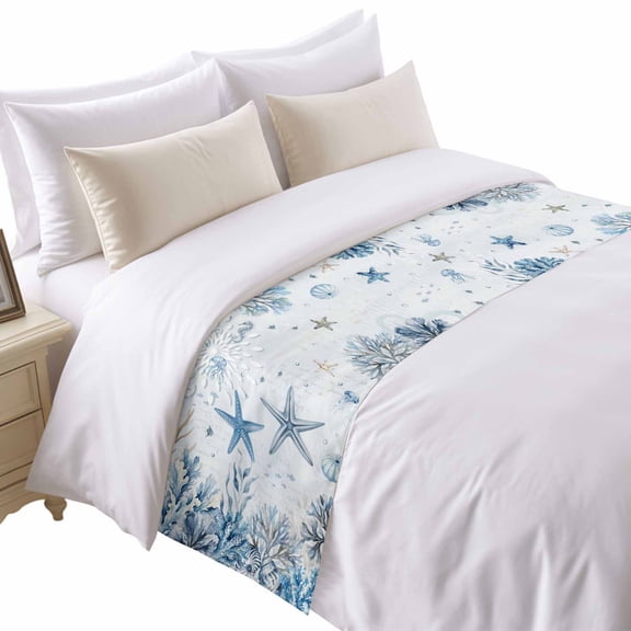 Ocean Starfish Bed Runner for Twin Size Bed, Nautical Sea Jellyfish Seahorse Coral Seaweed Seashell Soft Bedding Scarf Bedding Protector Slipcover Sofa Throw for Bedroom Hotel Guesthouse