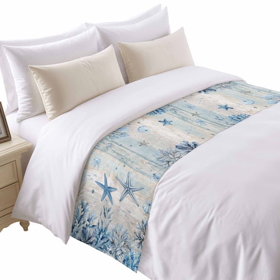 Ocean Starfish Bed Runner for Twin Size Bed, Vintage Nautical Sea Jellyfish Seahorse Coral Seaweed Soft Bedding Scarf Bedding Protector Slipcover Sofa Throw for Bedroom Hotel Guesthouse