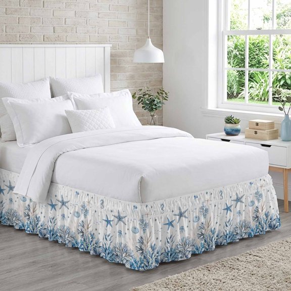 Ocean Starfish Bed Skirt Queen Size 16 Inch Drop, Nautical Coastal Sea Jellyfish Seahorse Coral Seaweed SeaAdjustable Elastic Dust Ruffles Bedskirt for Queen Bed Wrap Around Pleated Mattress Cover