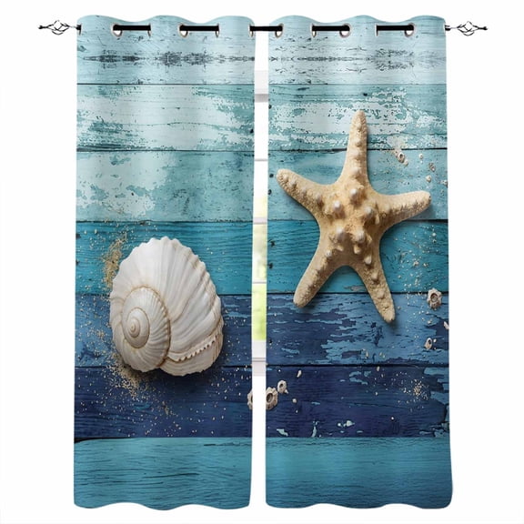 Ocean Starfish Blackout Curtains for Bedroom Living Room Darkening Curtains 84 Inch Length 2 Panels Set Nautical Coastal Conch Wooden Board Ombre Blue Window Curtain Window Treatment Drapes 52"x84"