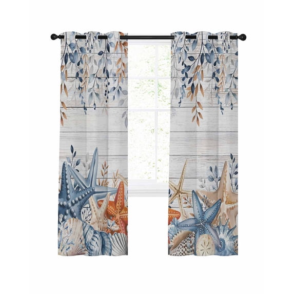 Ocean Starfish Blackout Curtains for Bedroom Living Room, Watercolor Eucalyptus Leaves Shell Board 45 In Long Thermal Insulated Room Darkening Drapes Grommet Window Treatments, 52 x 45 In