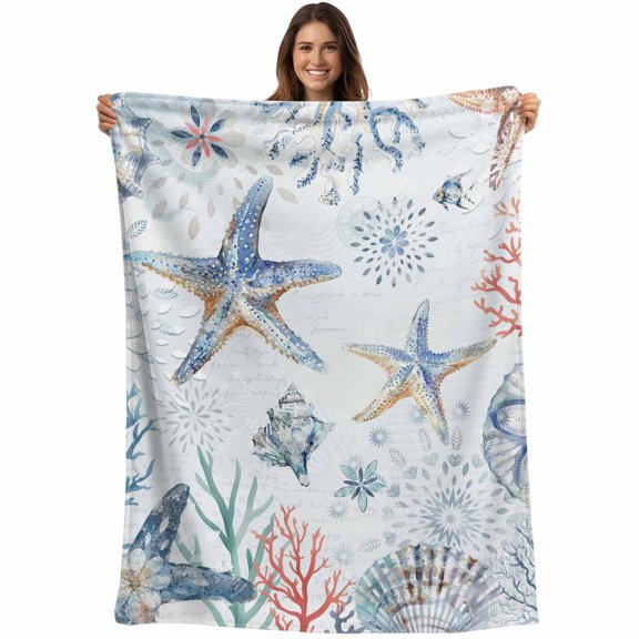 Ocean Starfish Blanket Soft Cozy Warm Throw Blanket for Couch, Plush Fuzzy Flannel Fleece Blankets for Sofa, Summer Coastal Coral Flower Shells Bed Blankets Lightweight Gifts for Women, 50"x60"