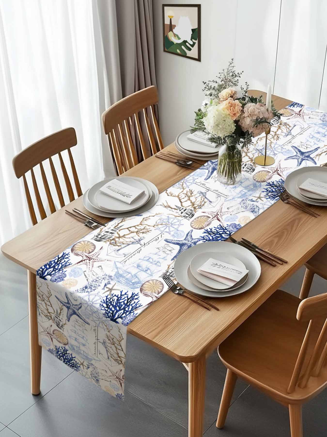 Ocean Starfish Blue Coral Table Runner 90 Inches Long, Nautical Anchor Vintage Boat Table Runners Tabletop Scarf Kitchen Dining Tables Decoration for Home Party Indoor Outdoor