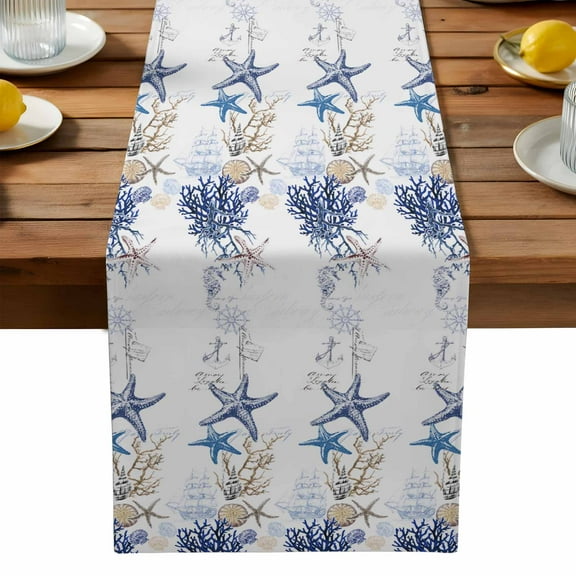 Ocean Starfish Blue Coral Table Runner Dresser Scarf,Kitchen Dining Table Decoration Boat Nautical Anchor Linen Table Runners for Home Wedding Indoor Outdoor Party,13x36in