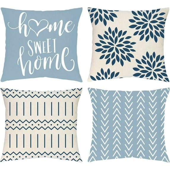 Ocean Starfish Boho Pillow Covers 18x18 Set of 4 Blue Geometric Decorative Throw Pillow Covers, Linen Square Modern Farmhouse Pillow Covers for Sofa Bed, Outdoor Pillows Cushion Case Home Decor