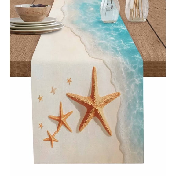 Ocean Starfish Burlap Cotton Table Runner 13x36 Inches Short, Beach Shell Shore Waves Summer Sea Farmhouse Table Runners, Outdoor Dining Tablecloths Decor for Baby Shower/Party/Wedding