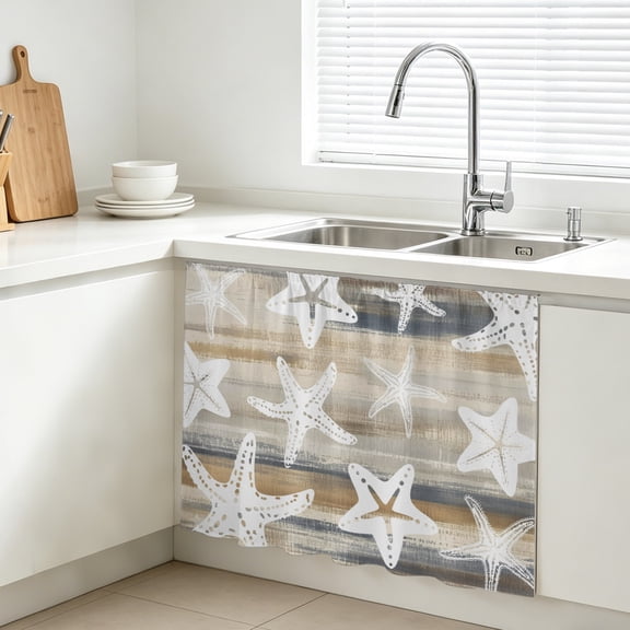 Ocean Starfish Cabinet Curtains for Kitchen 10"W x 11"L, Summer Beach White Sea Stars Beige Blue Under Sink Skirt Magic Tape Short Curtain Decorative Privacy Panel for Bathroom Laundry