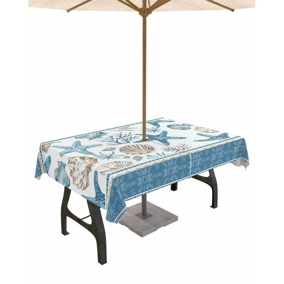 Ocean Starfish Coastal Coral Summer Nautical Rectangle Tablecloth with Zipper,Waterproof Table Cloth with Umbrella Hole Patio Tablecloths for Outdoor Tables,Beach Shells Blue Spillproof Table Cover