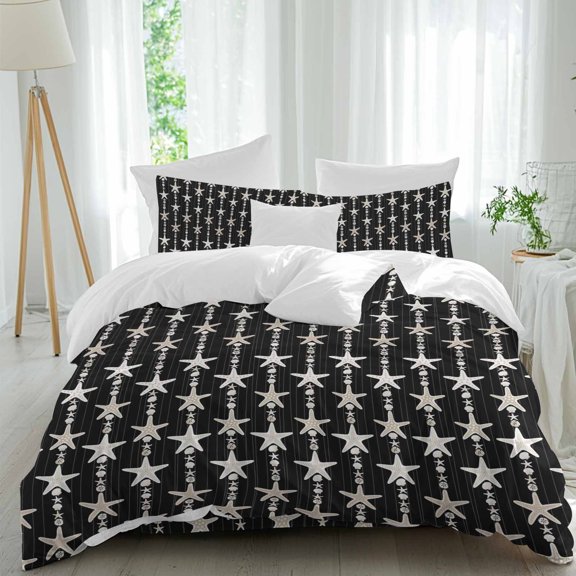 Ocean Starfish Comforter Set California King Size, Retro Shell Starfish Black White Texture Soft Bedding Set for Man Woman, 4 Pieces Duvet Cover Set with Fitted Sheet, 2 Pillowcases