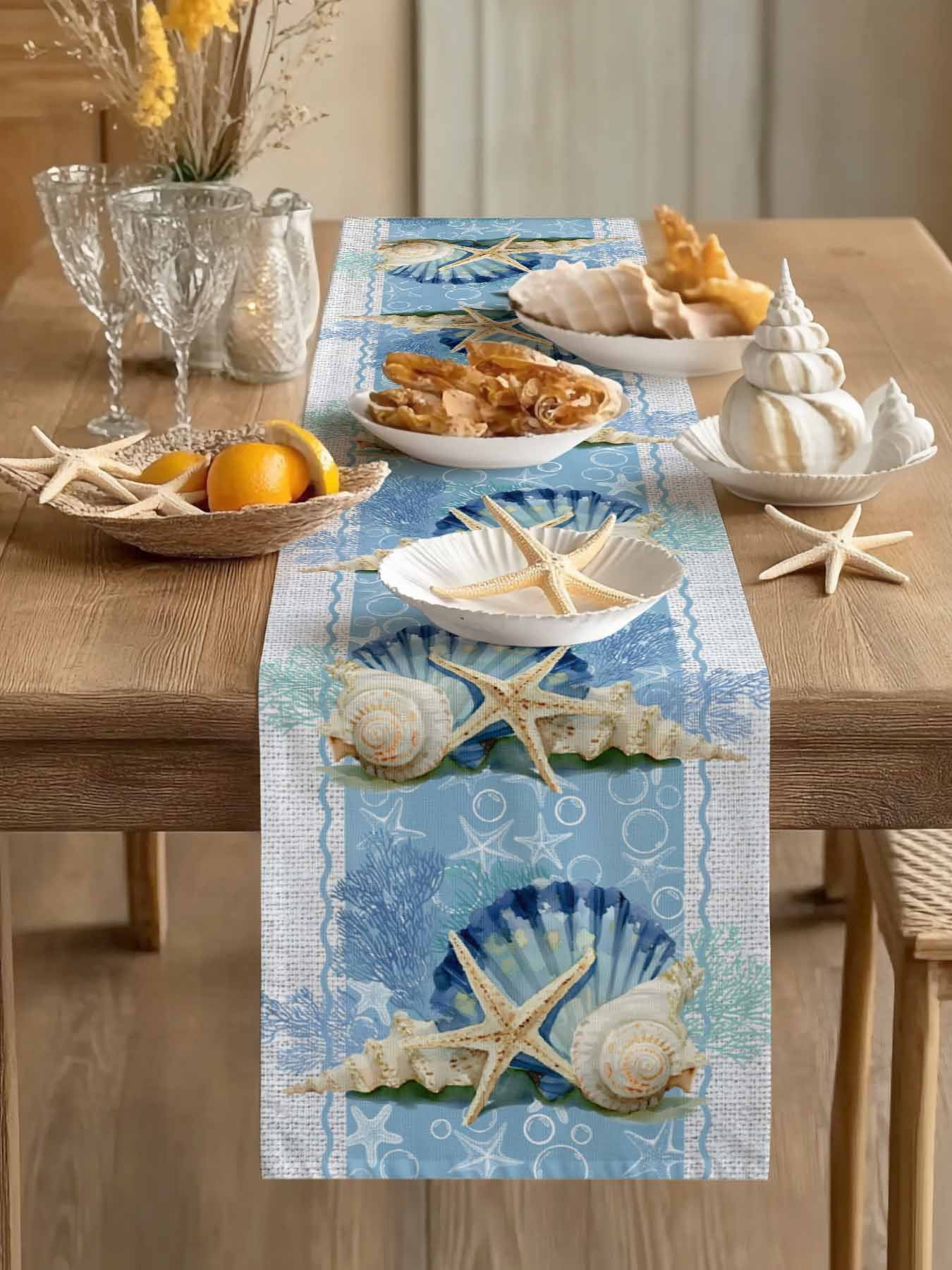 Shell Table Runner Ocean Starfish Conch Shell Coral Table Runner 13x60in Non-Slip Cotton ...