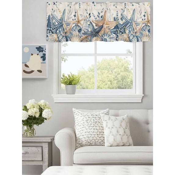 Ocean Starfish Conch Shell Valances for Windows,Kitchen Valance Rod Pocket Short Curtain, Blue Eucalyptus Leaf Vintage Linen Valance Curtain Window Valances for Bedroom Bathroom Living Room 60x18in