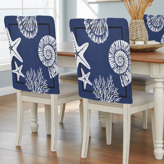 Ocean Starfish Coral Conch Shell Chair Covers Set of 4 Navy Blue Chair Back Covers Stretch Removable Washable Slipcovers Protector for Dining Room Kitchen Party Decor