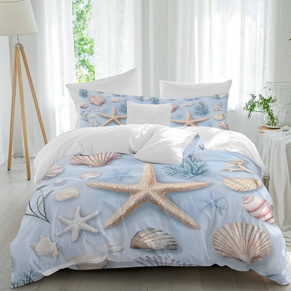 Ocean Starfish Coral Duvet Cover Set King Size, Shell Coastal 4 Piece Soft Microfiber Bedding Set with 1 Duvet Cover, 1 Flat Sheet, 2 Pillowcases