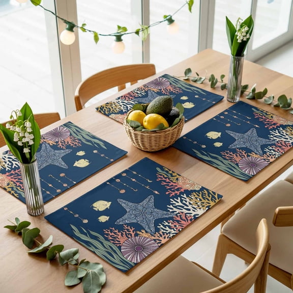 Ocean Starfish Coral Fish Placemats Set of 4,Wipeable Washable Table Mats for Dining Tables, Underwater Creature on Navy Blue Place Mats for Kitchen Event Party Tabletop Decor