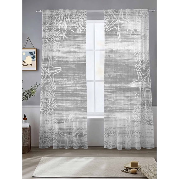 Ocean Starfish Coral on Gray Chiffon Sheer Curtains 84 Inches Long Summer Marine Creature Rod Pocket Window Curtains Voile Drapes Curtains for Living Room Bedroom,2 Panels