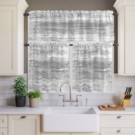 Ocean Starfish Coral on Gray Curtain Tier and Valance Set 3 Piece,Summer Marine Creature 3-inch Rod Pocket Window Tier Curtains Valance for Kitchen Living Room