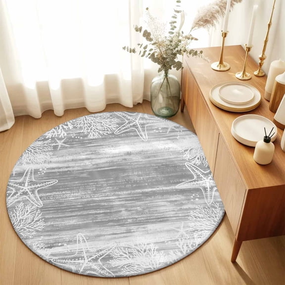 Ocean Starfish Coral on Gray Round Area Rug 3ft,Living Room Rug Non-Slip Washable Circle Rugs Pad,Summer Marine Creature Soft Floor Carpet for Bedroom Dining Room