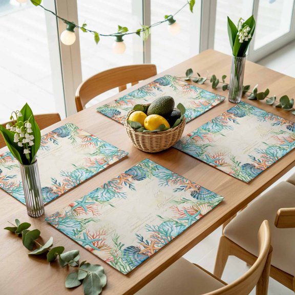Ocean Starfish Coral Shell Placemats Set of 4,Wipeable Washable Table Mats for Dining Tables, Summer Underwater Creature Place Mats for Kitchen Event Party Tabletop Decor