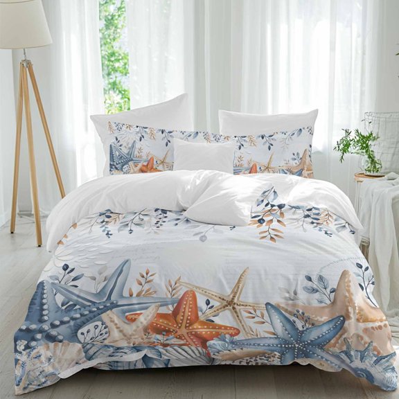 Ocean Starfish Full Size Comforter Set, Summer Watercolor Eucalyptus Leaves Shell Bedding for All Seasons, 4 Pcs Bed Set, 1Quiltcover (86"x86") ,1Sheet(80"x116"), 2Pillowcases (30"x20")