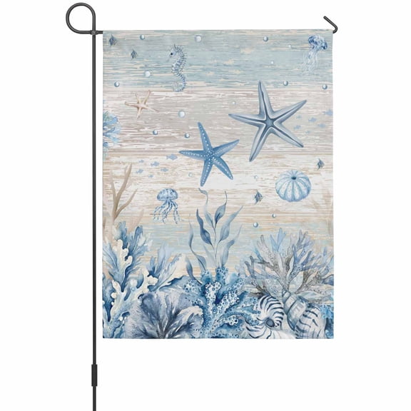 Ocean Starfish Garden Flag 12 x 18 Inches, Vintage Nautical Sea Jellyfish Seahorse Coral Seaweed Weather Proof Outdoor Patio Flags Double Sided Small Garden Decoration for Yard Outside Home