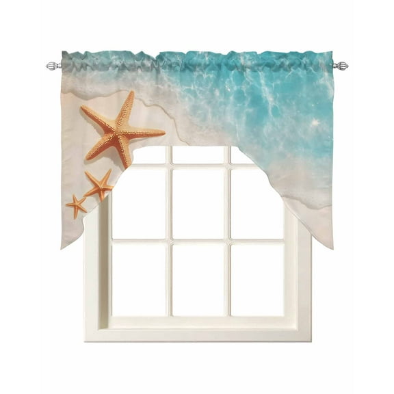Ocean Starfish Kitchen Curtains Swag Valance for Windows/Bathroom/Cafe, Beach Shell Shore Waves Summer Sea Rod Pocket Drape Panel Swag Curtain Valance for Bedroom/Living Room 55''x36''