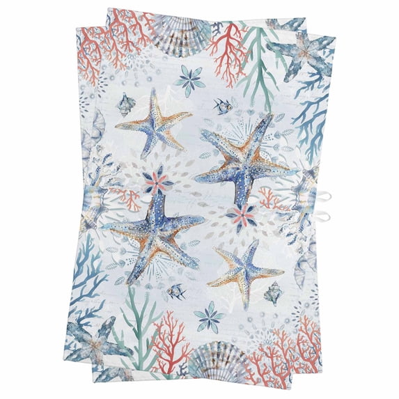 Ocean Starfish Kitchen Towels Set of 2, Water Absorbent Dish Towel, Summer Coastal Coral Flower Shells Decorative Hand Towels - Quick Drying Cloth for Cooking Baking, 18x28 Inch