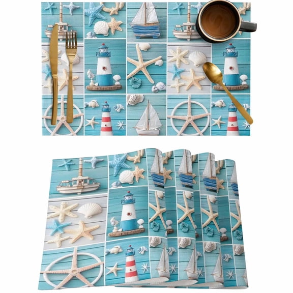 Ocean Starfish Lighthouse Boat Placemats Set of 4,Wipeable Washable Table Mats for Dining Tables,Retro Blue Wood Board Place Mats for Kitchen Event Party Tabletop Decor