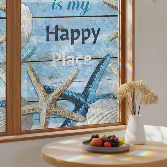 Ocean Starfish Ombre Wood Board Window Privacy Film,Heat Control Sun Blocking Static Cling Rainbow Film,Better Beach Life Quote Non-Adhesive Glass Sticker Door Window Tint,19.6" x 39.3"
