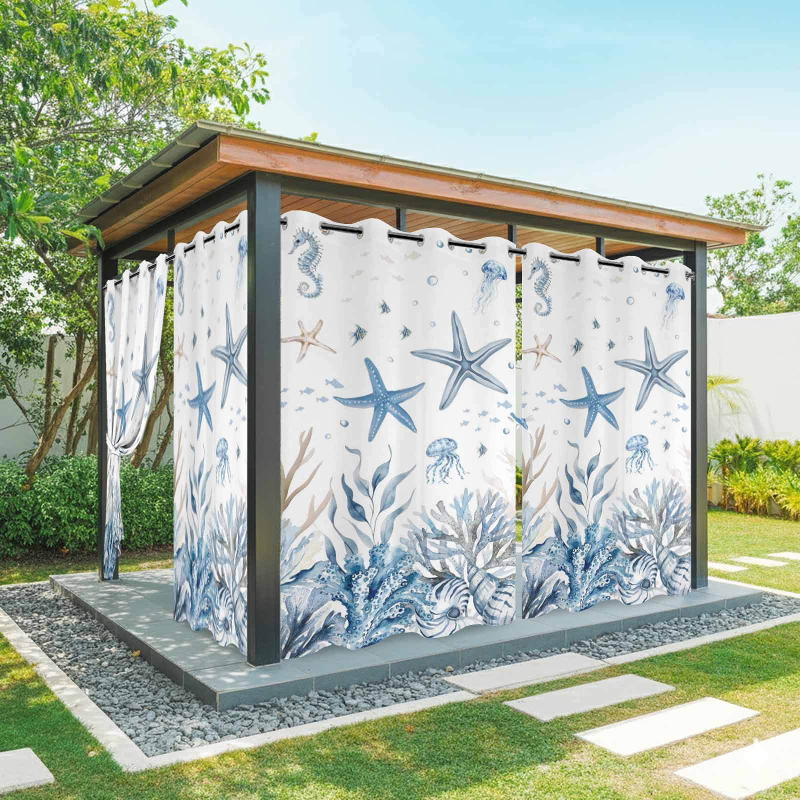 Ocean Starfish Outdoor Curtains for Patio, Nautical Coastal Jellyfish Seahorse Coral Seaweed Seashell Sunshade Privacy Drapes Grommet Waterproof Outside Curtains for Porch Balcony 54"x108", 1 Panel