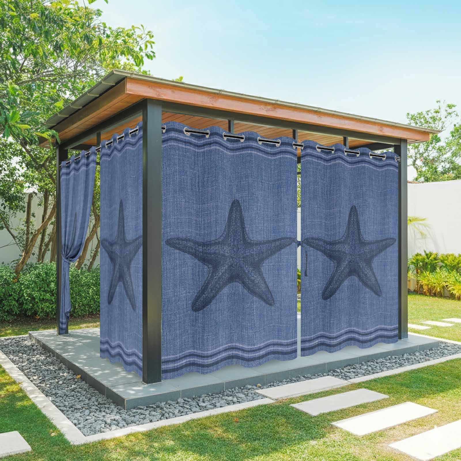 Ocean Starfish Outdoor Curtains for Patio, Nautical Coastal Navy Blue Beach Marine Life Black Stripe Sunshade Privacy Drapes Grommet Waterproof Outside Curtains for Porch Balcony 54"x108", 1 Panel