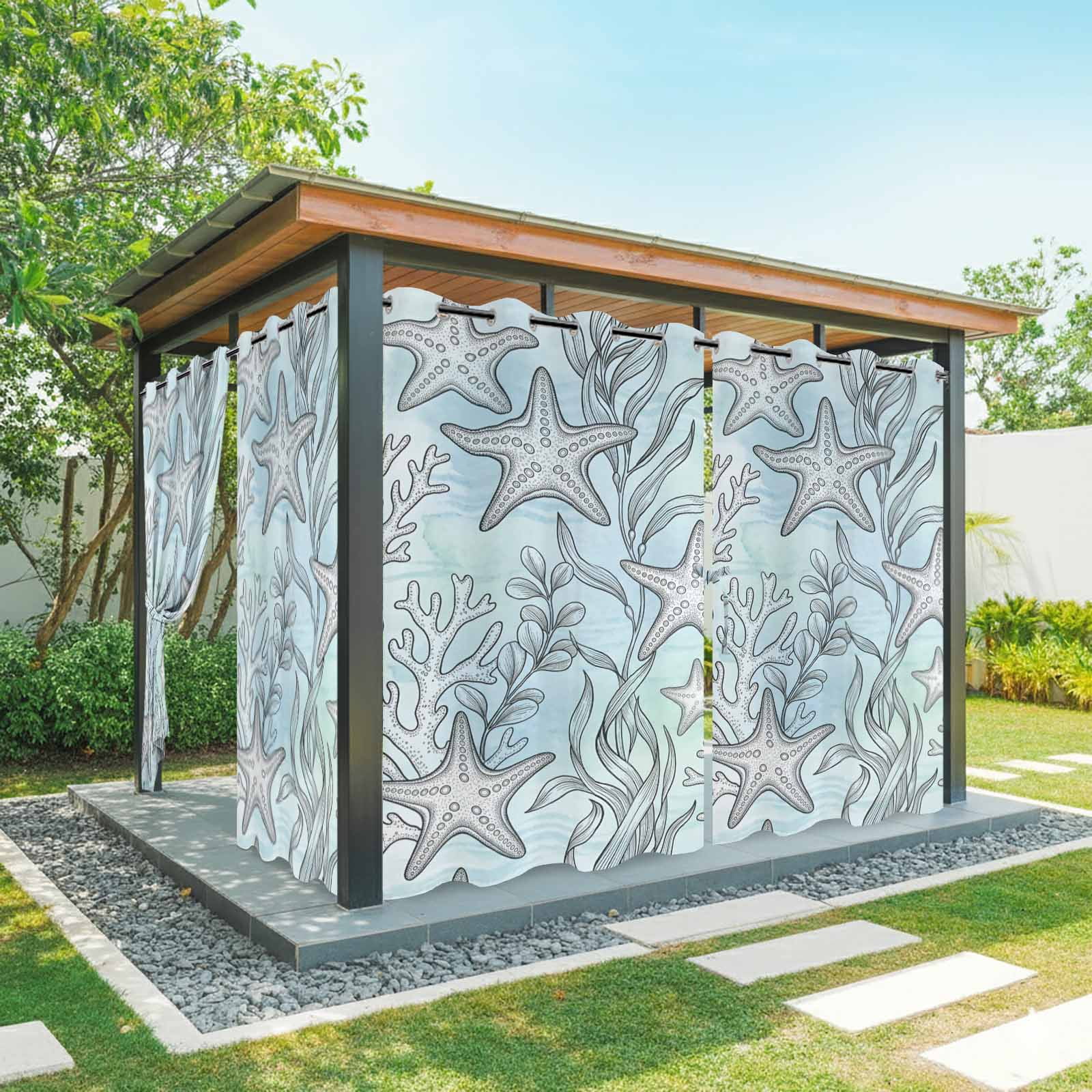Ocean Starfish Outdoor Curtains for Patio, Vintage Boho Coastal Sea Green Seaweed Coral Leaf Sunshade Privacy Drapes Grommet Waterproof Outside Curtains for Porch/Cabana/Balcony 54"x 108", 1 Panel