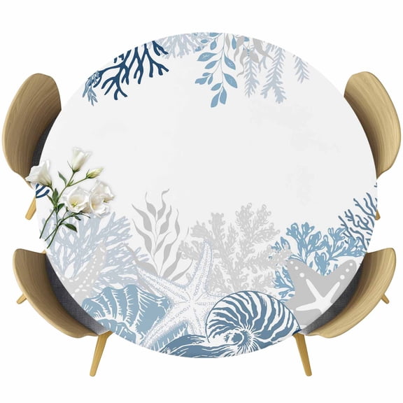 Ocean Starfish Round Tablecloth 36-44 Inch Round Fitted Table Cloth with Elastic Edge, Coastal Weeping Corals Marine Conch Lake Blue Waterproof Table Cover Protector for Outdoor Picnic Party Dining