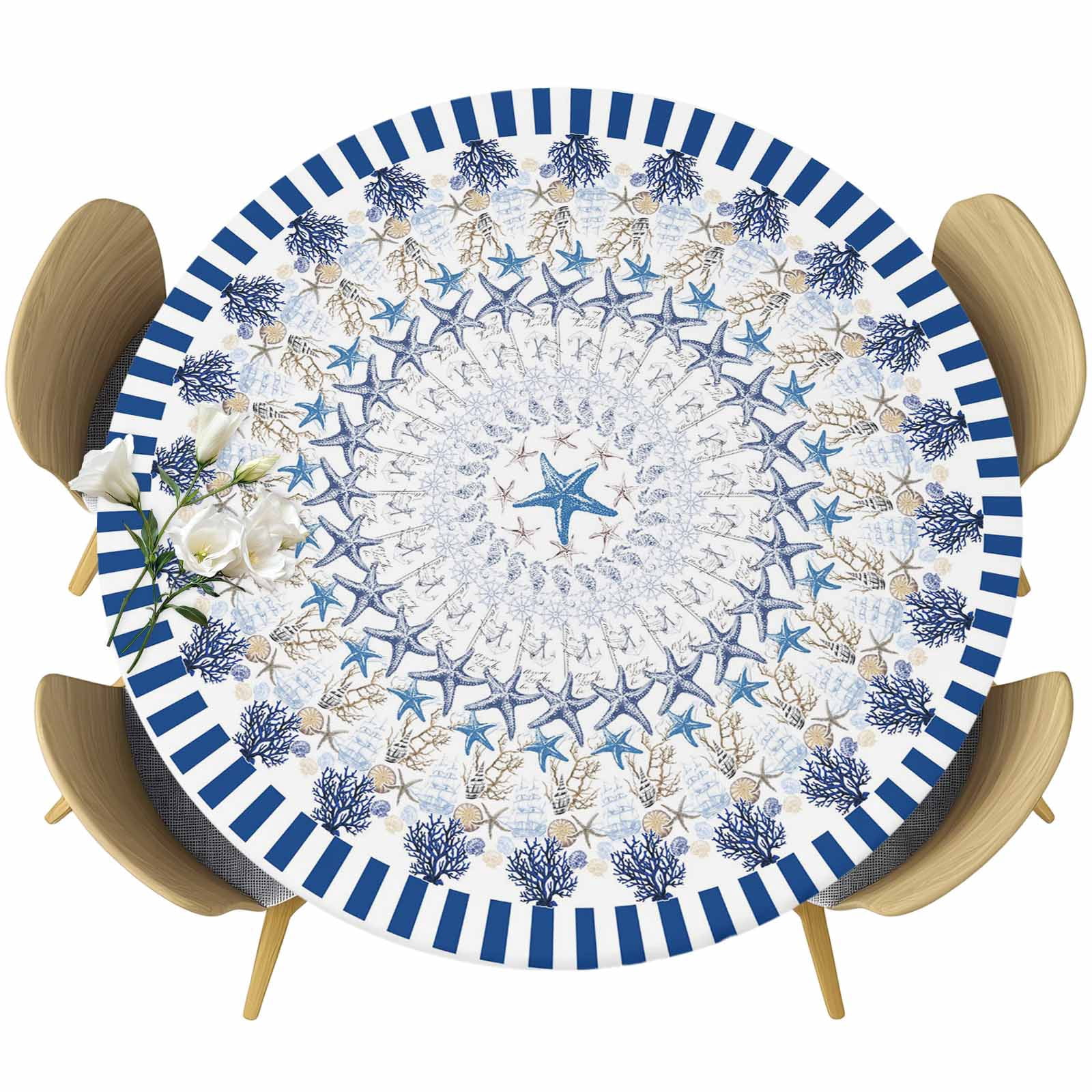 Shell Table Clothes Ocean Starfish Round Tablecloth, Fitted Table Cover with Elastic for 36 ...